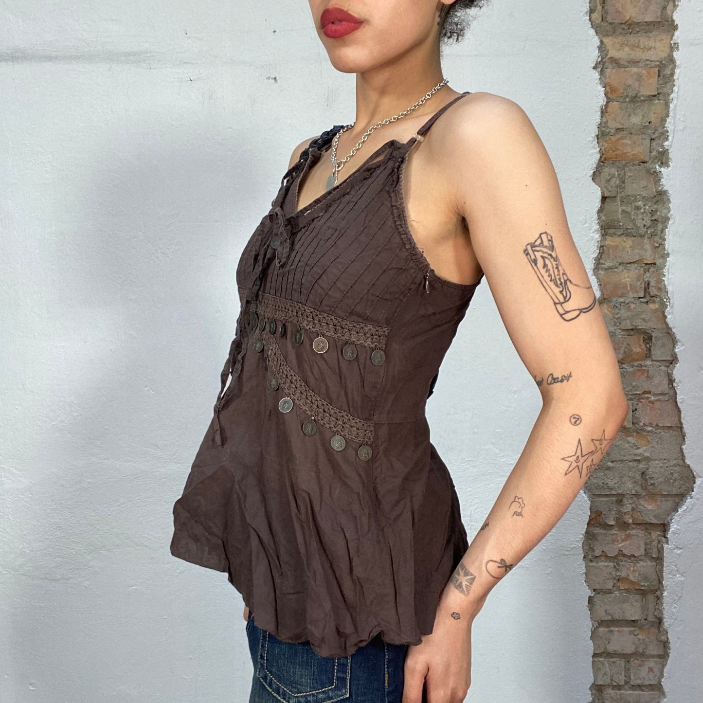 Vintage 90's Indie Brown Top with Pleated Detail and Bras Pendants (S/M)