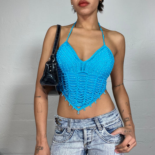 Vintage 2000's Festival Aqua Blue Neckholder Top with Beads Detail (S)