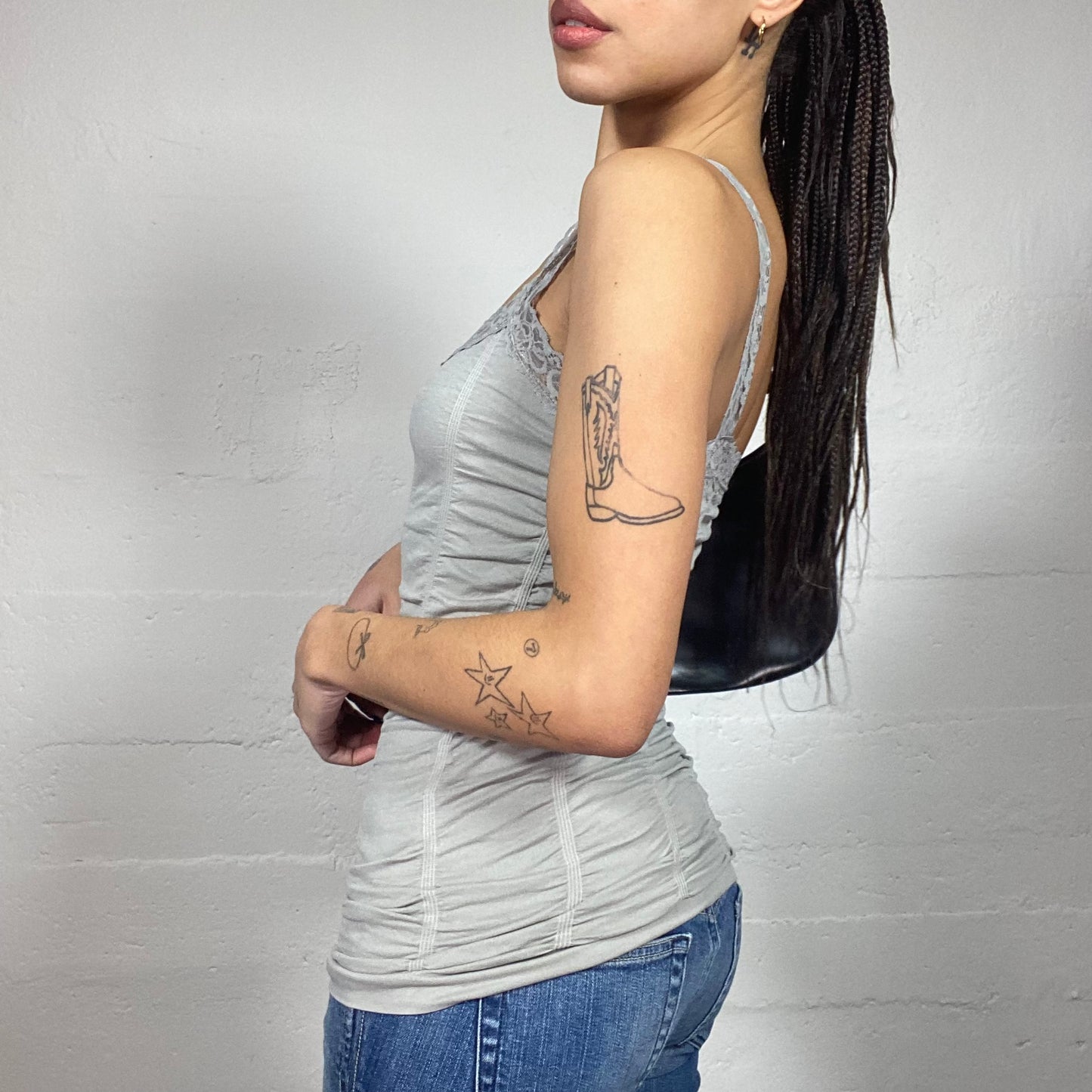 Vintage 2000's Clubwear Grey Ruched Top with Lace Trim Detail (S)