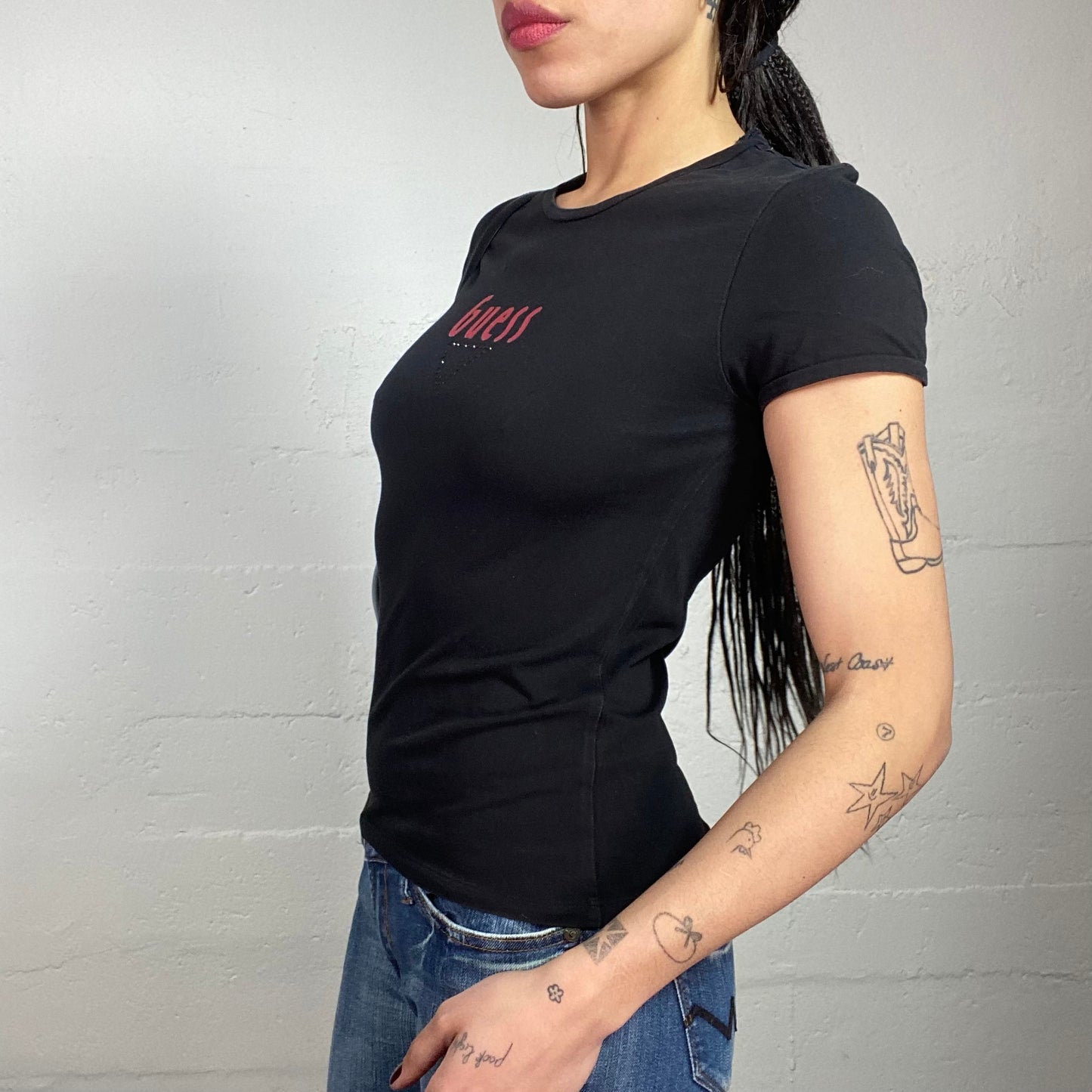 Vintage 2000's Guess Downtown Girl Black Top with Red Brand Print Detail (S/M)