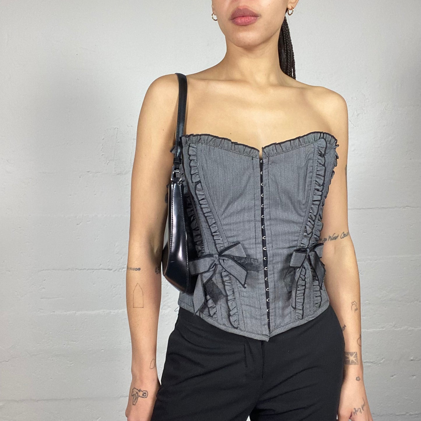 Vintage 90 s Morgan Babydoll Goth Grey Off Shoulder Corset Top with Si Michelle Tamar