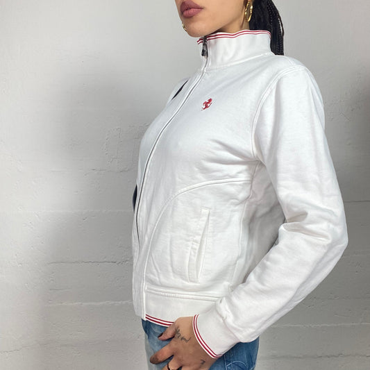 Vintage 2000's Ferrari Sporty White Zip Up Sweater with Red Trim Detail (M)