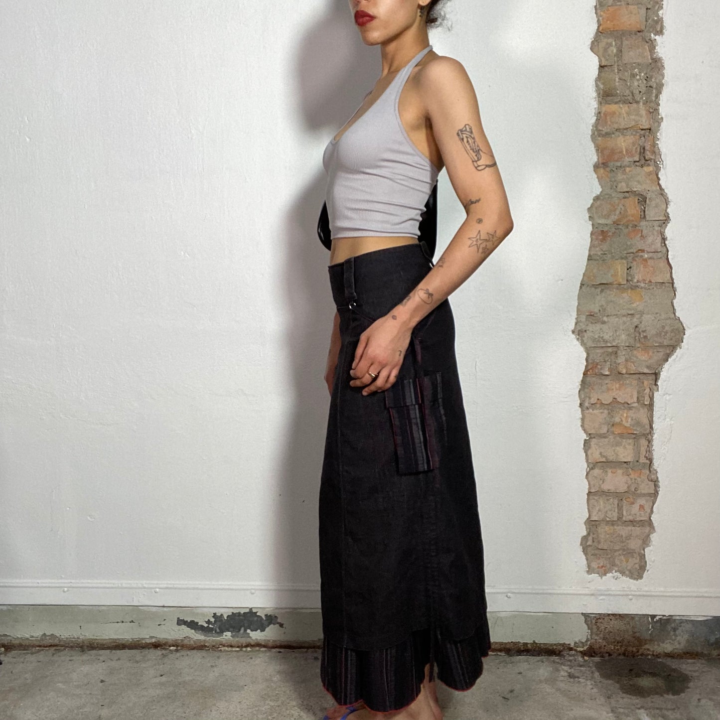 Vintage 2000's Cyber Black Denim Maxi Cargo Skirt with Red Stitching (S)