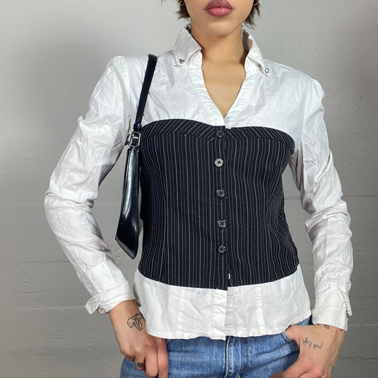 Vintage 90's Office Girl White Layered Shirt Top with Black Pinstripes Corset Layer Detail (M)