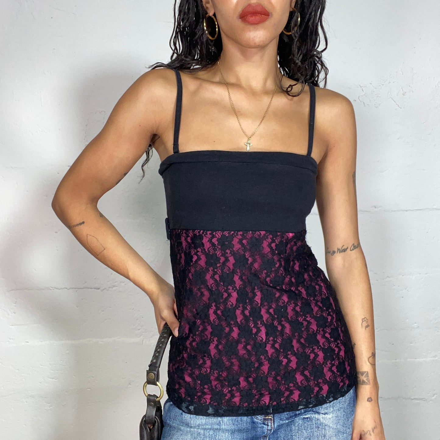 Vintage 2000's Gothic Black & Red Top with Red Lace Detail (M)