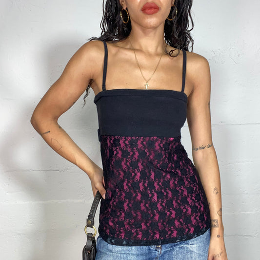 Vintage 2000's Gothic Black & Red Top with Red Lace Detail (M)