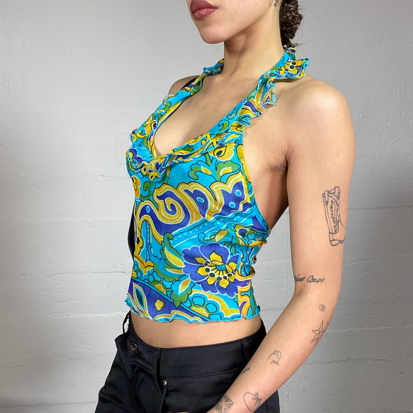 Vintage 2000's Totally Spies Blue Frilled Neckholder Top with Floral Print (S)