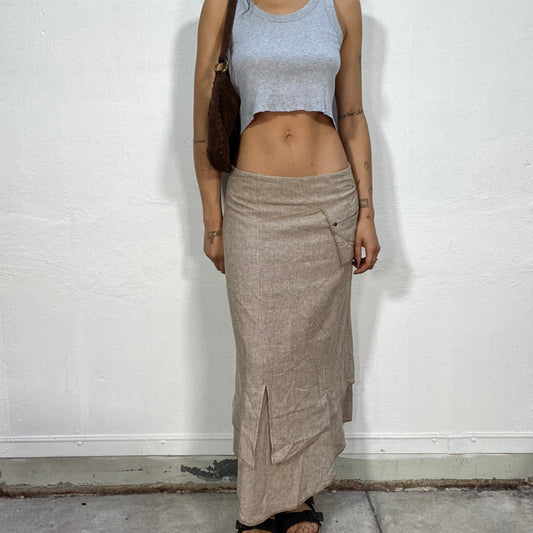 Vintage 2000's Hippie Brown Maxi Skirt with Layered Slit and Pocket Detail (M)