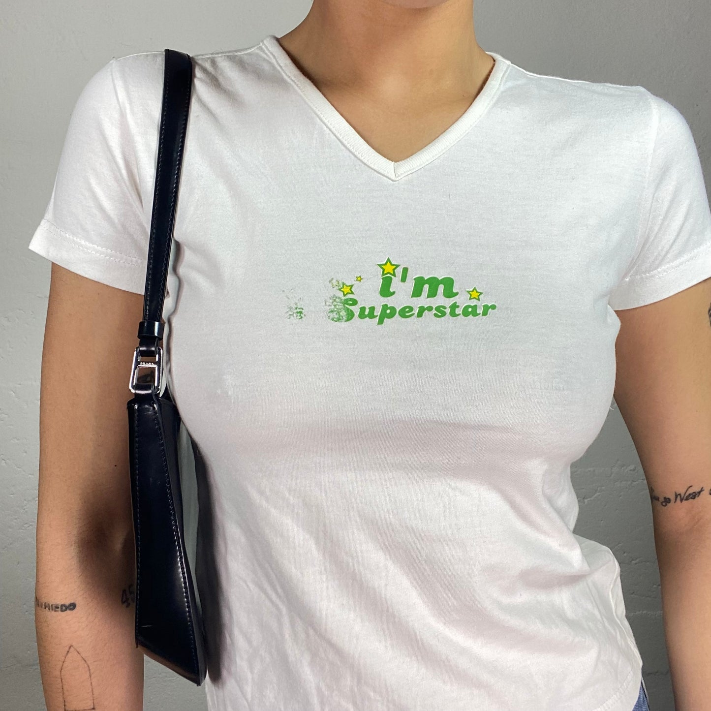 Vintage 90's Downtown Girl White Top with "I Am Superstar" Print (S)