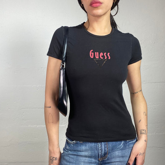 Vintage 2000's Guess Downtown Girl Black Top with Red Brand Print Detail (S/M)