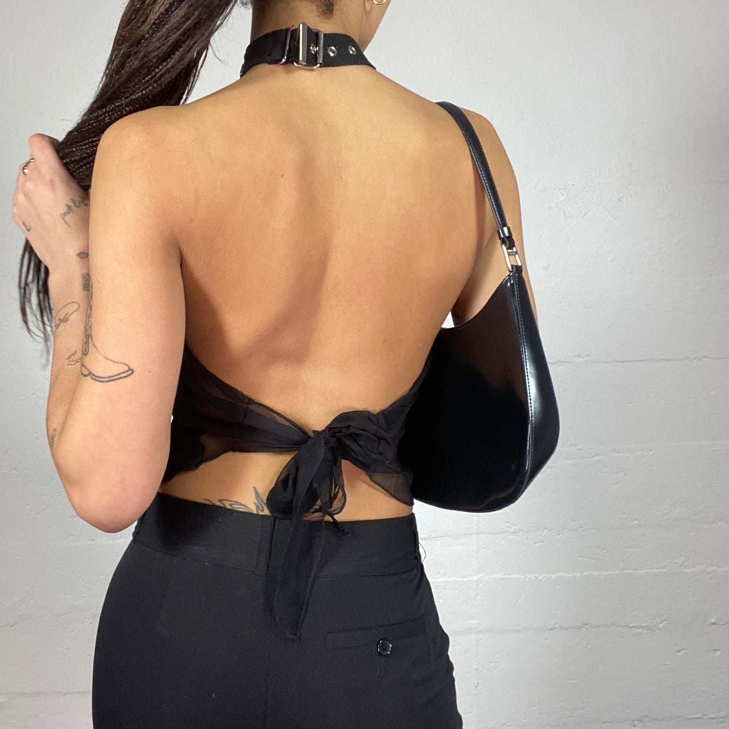 Vintage 2000's Clubwear Black Rhinestones Highneck Top with Open Back Detail (S/M)