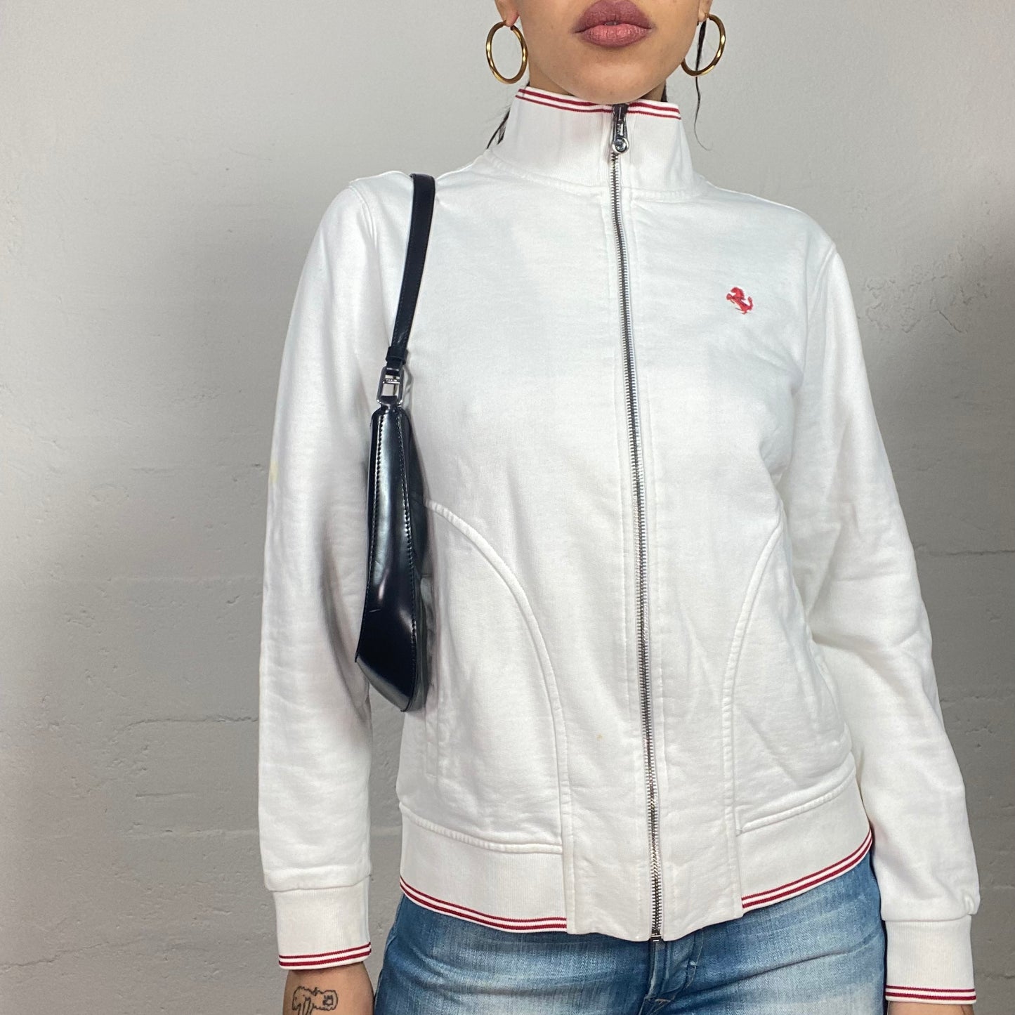 Vintage 2000's Ferrari Sporty White Zip Up Sweater with Red Trim Detail (M)