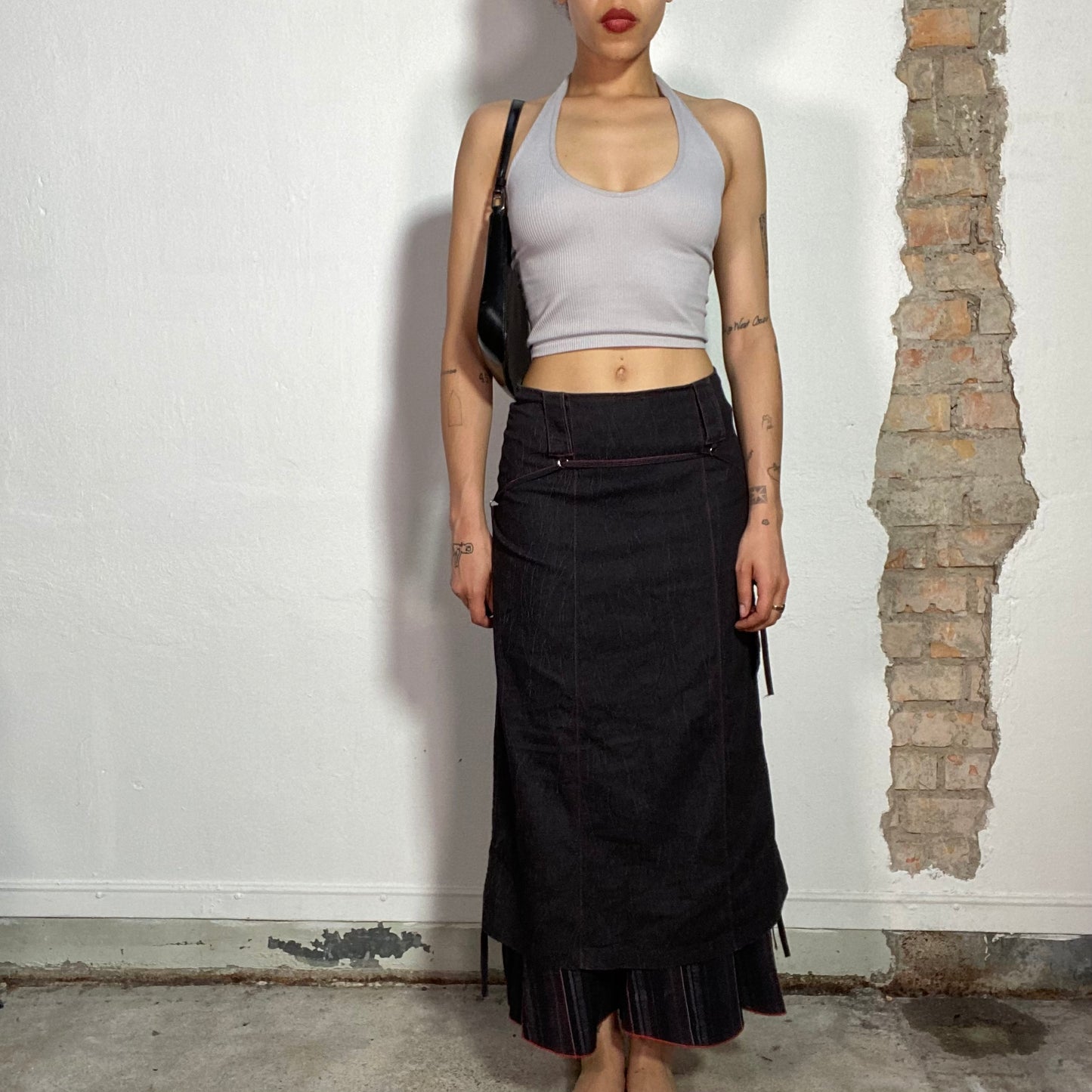 Vintage 2000's Cyber Black Denim Maxi Cargo Skirt with Red Stitching (S)