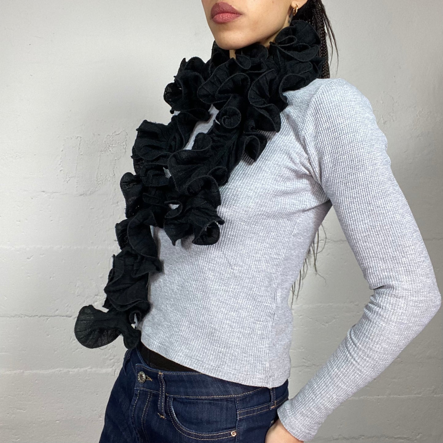 Vintage 90's Romantic Black Frilled Skinny Scarf