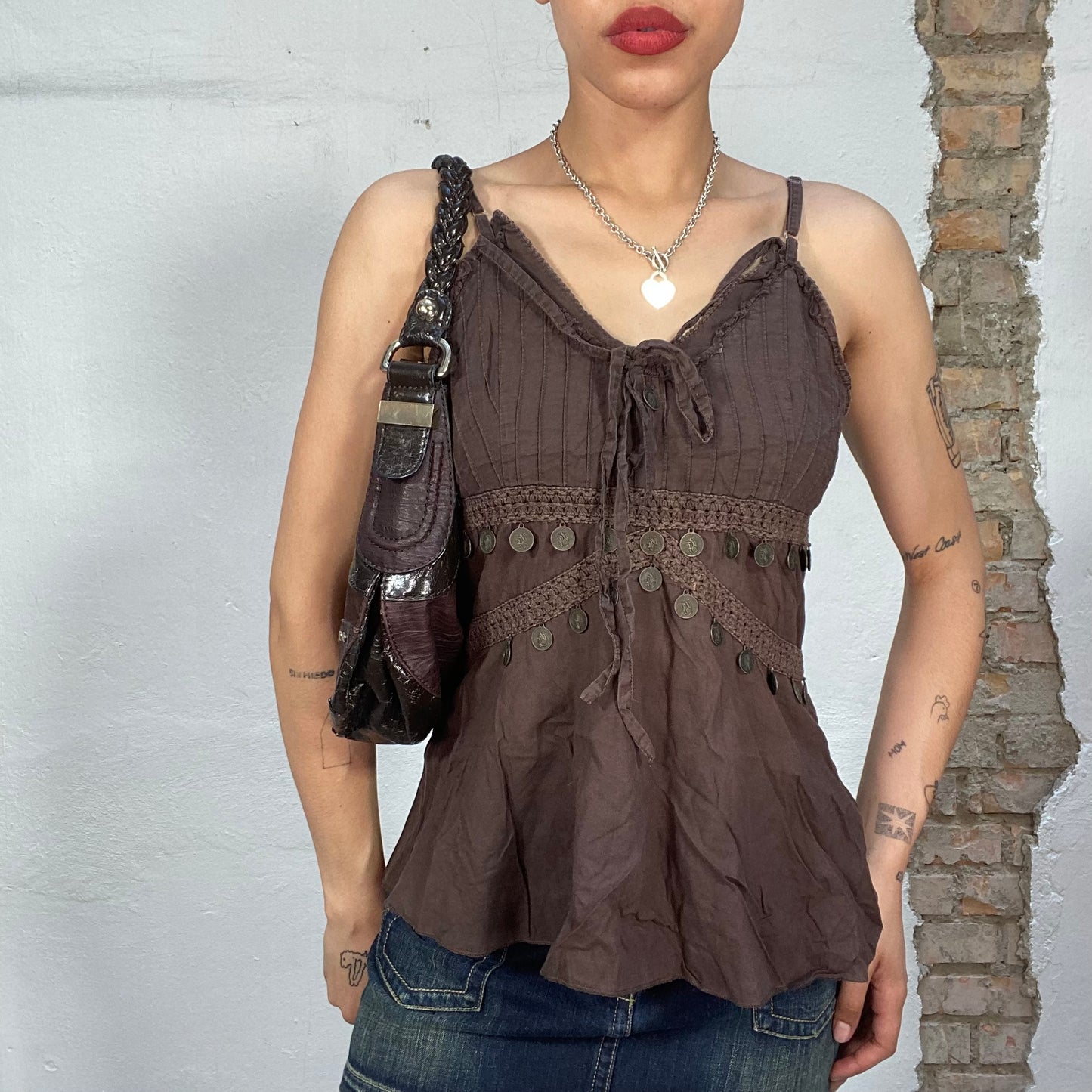 Vintage 90's Indie Brown Top with Pleated Detail and Bras Pendants (S/M)