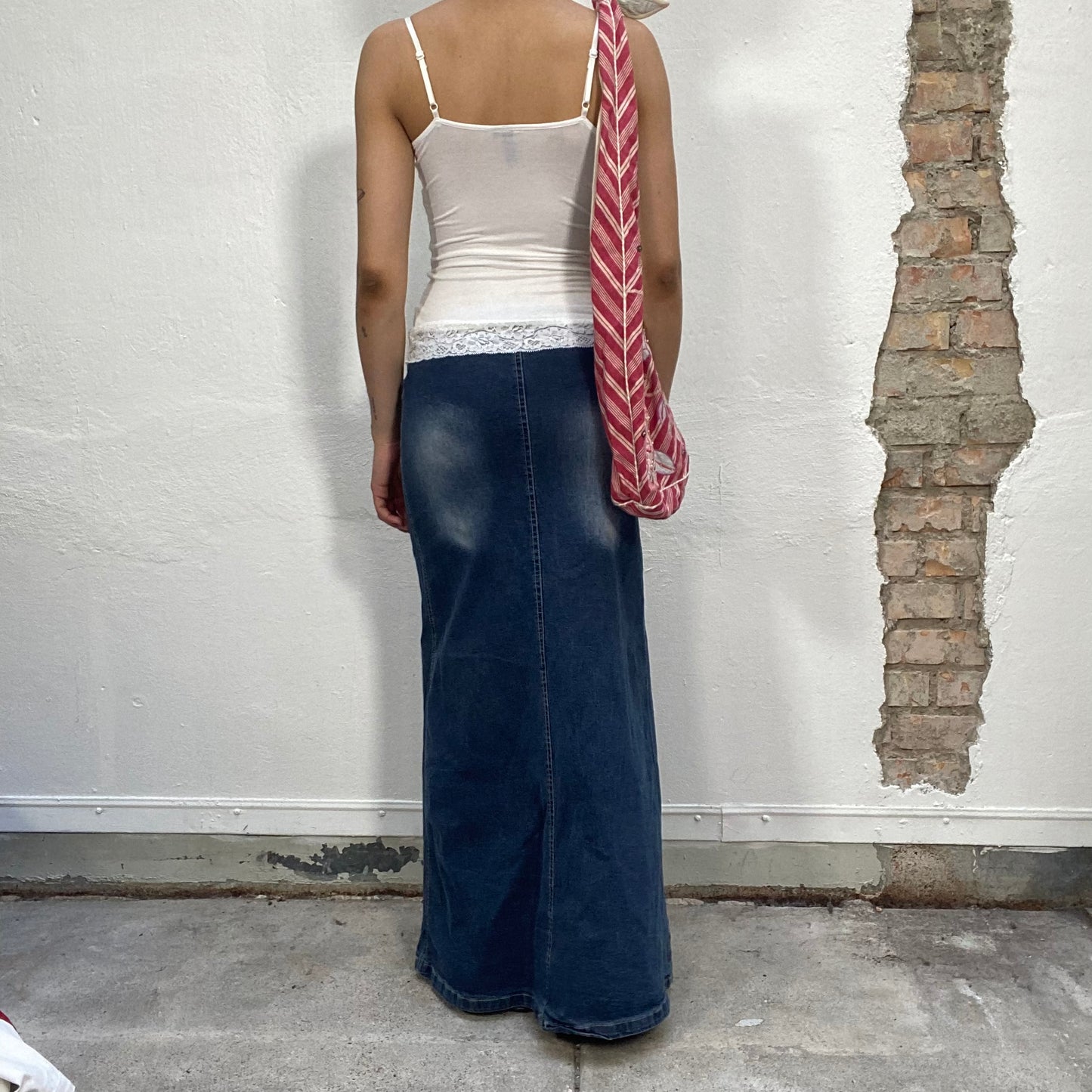 Vintage 90's Downtown Girl Denim Maxi Skirt with Washed Details (S/M)