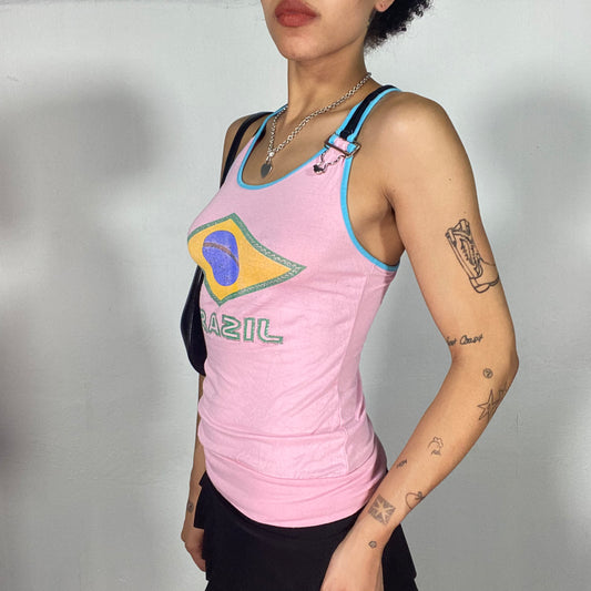 Vintage 2000's Football Core Pink 'Brazil' Tank Top with Buckle Detail (S)