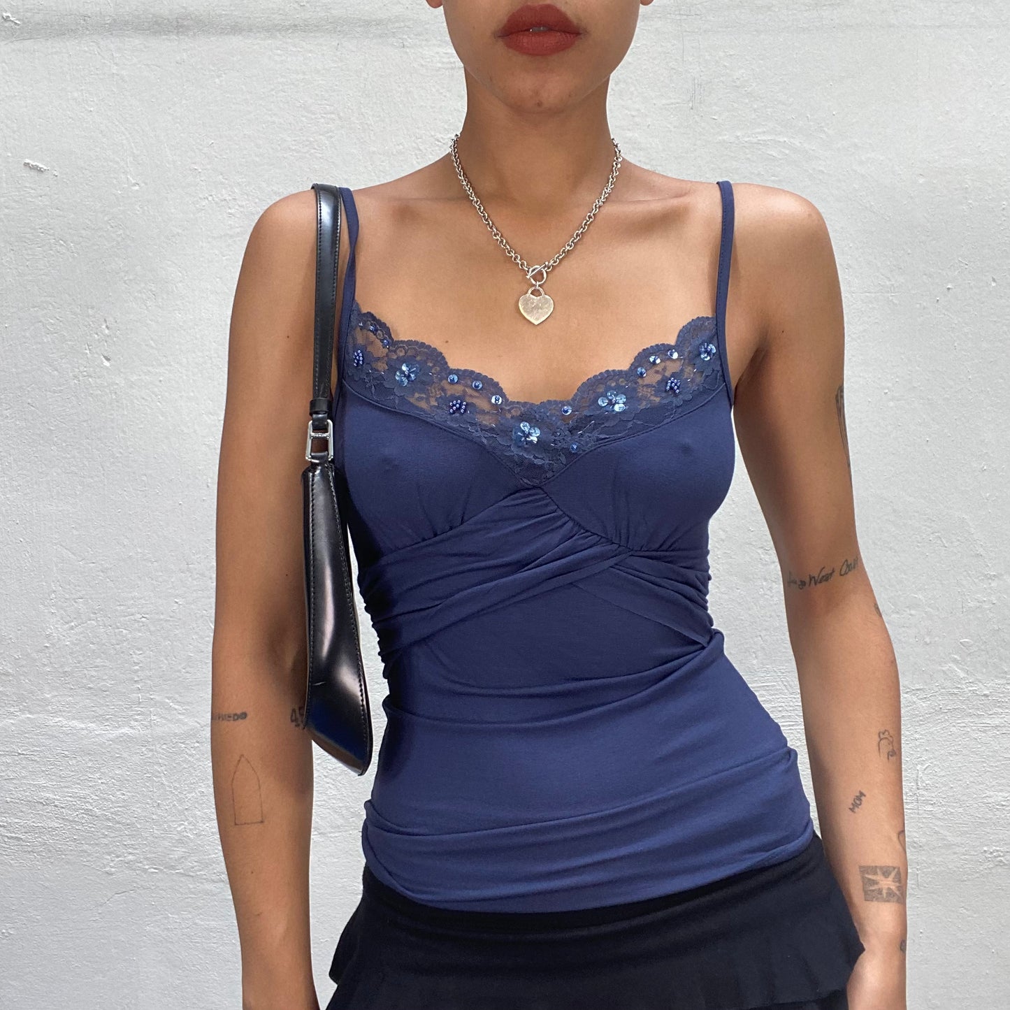 Vintage 90's Nightclub Navy Blue Crossed Cami Top with Mesh Neckline and Sequin Detail (S)