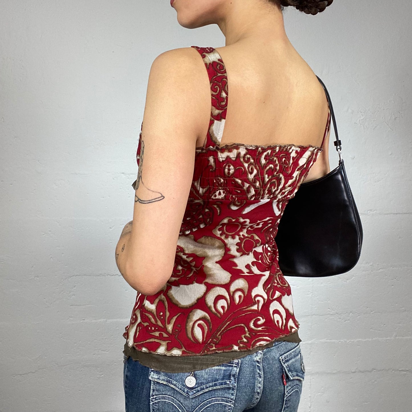 Vintage 2000's Sade Girl Beige Top with Garnet Floral Print (S)