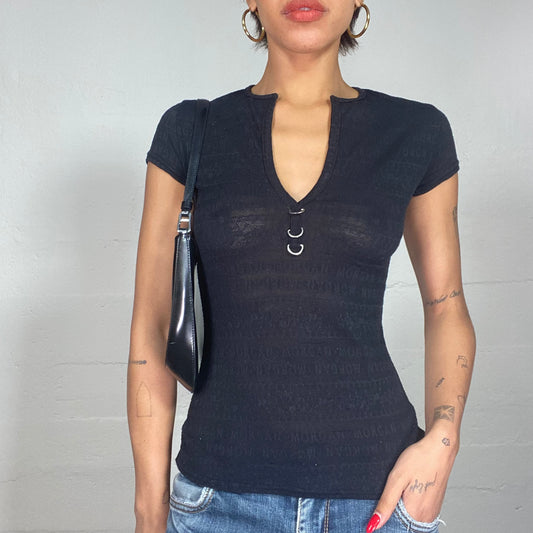 Vintage 90's Morgan Archive Black Top with Neck Silver Detail and Monogram Print (S)