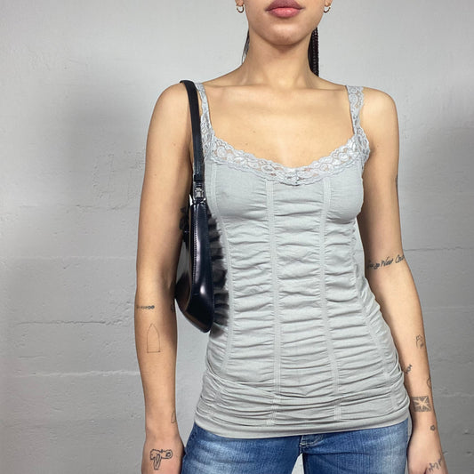 Vintage 2000's Clubwear Grey Ruched Top with Lace Trim Detail (S)