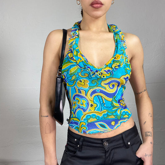 Vintage 2000's Totally Spies Blue Frilled Neckholder Top with Floral Print (S)