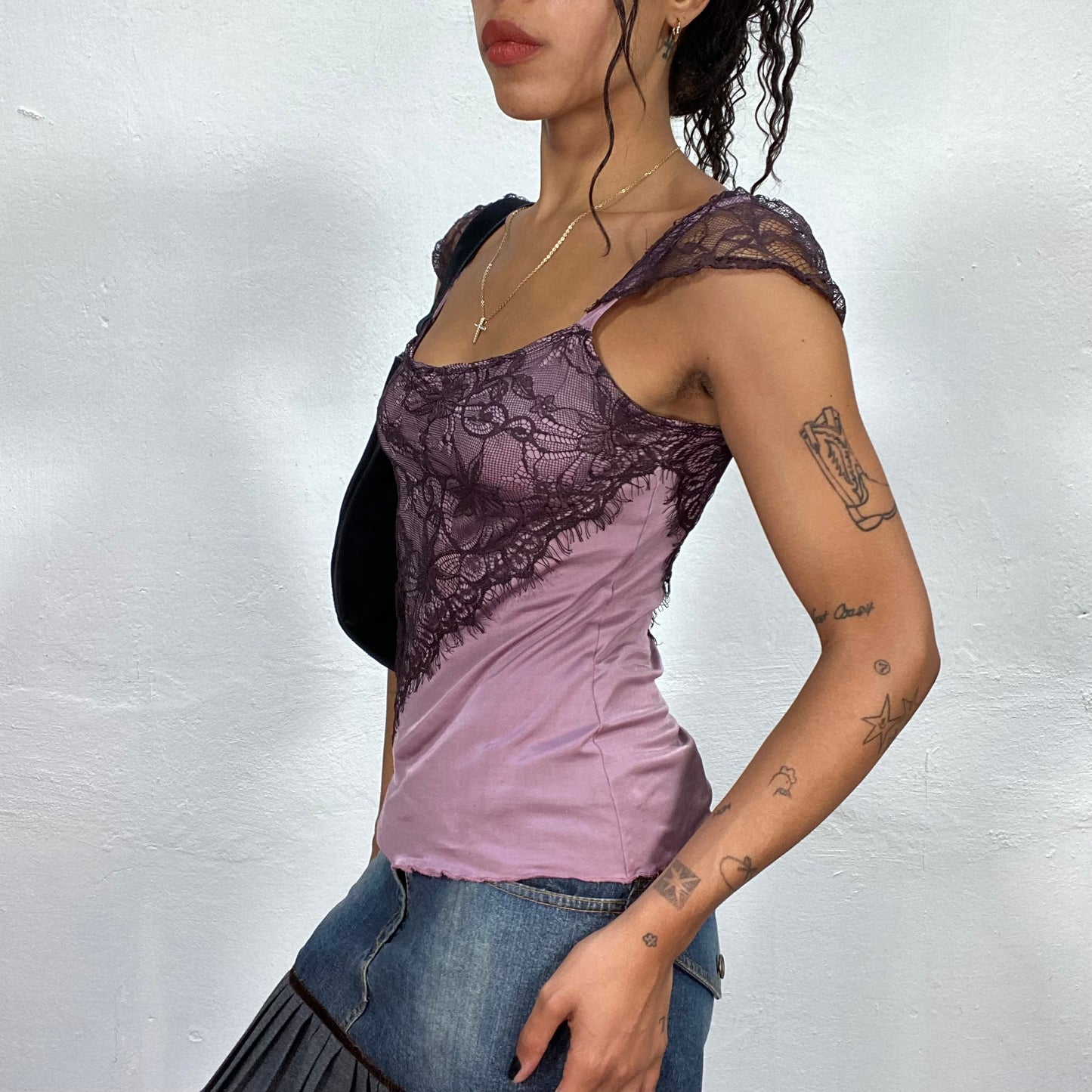 Vintage 90's Romantic Pale Lilac Silky Top with Brown Lace Detail (S/M)