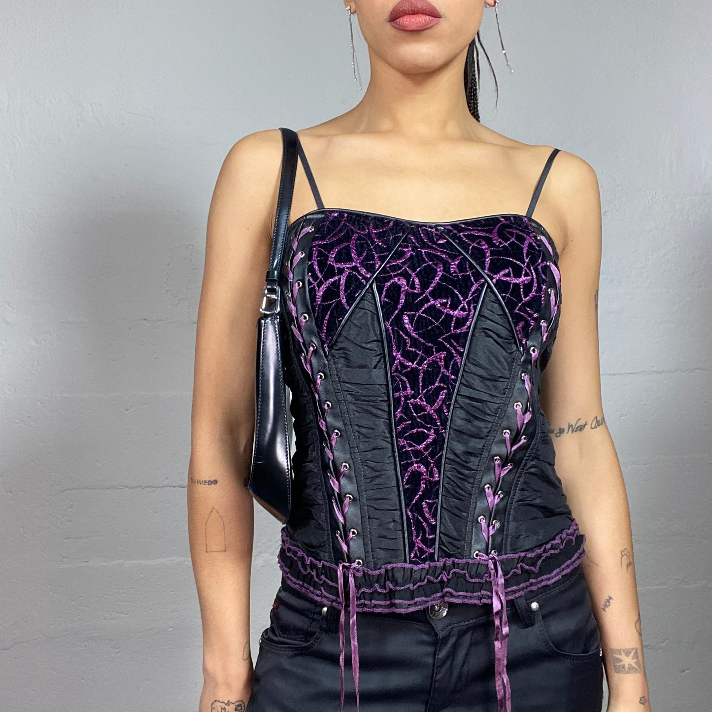 Vintage 90's Whimsigoth Black and Purple Corset Top with Decorative Embroidery Detail (S)