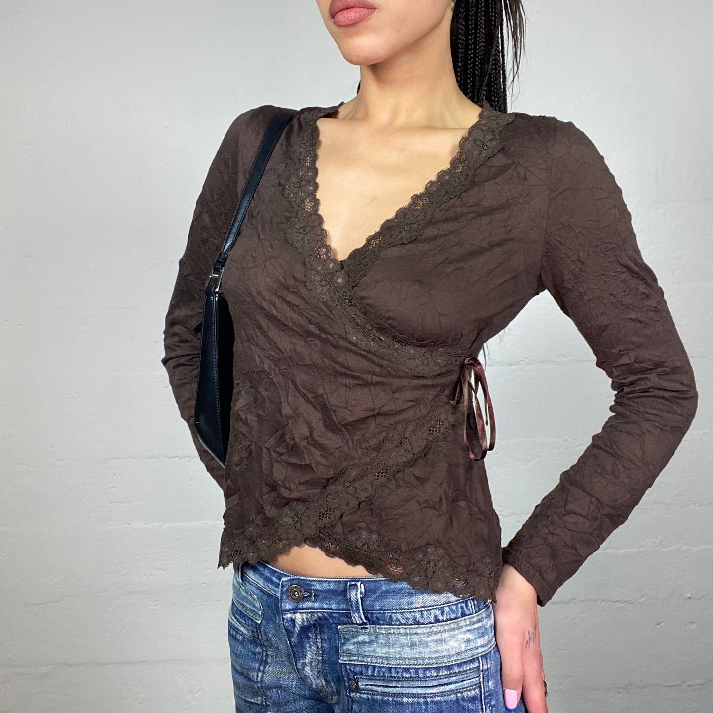 Vintage 2000's Fairy Brown Wrapped Longsleeve Top with Lace Trim Detail (M)