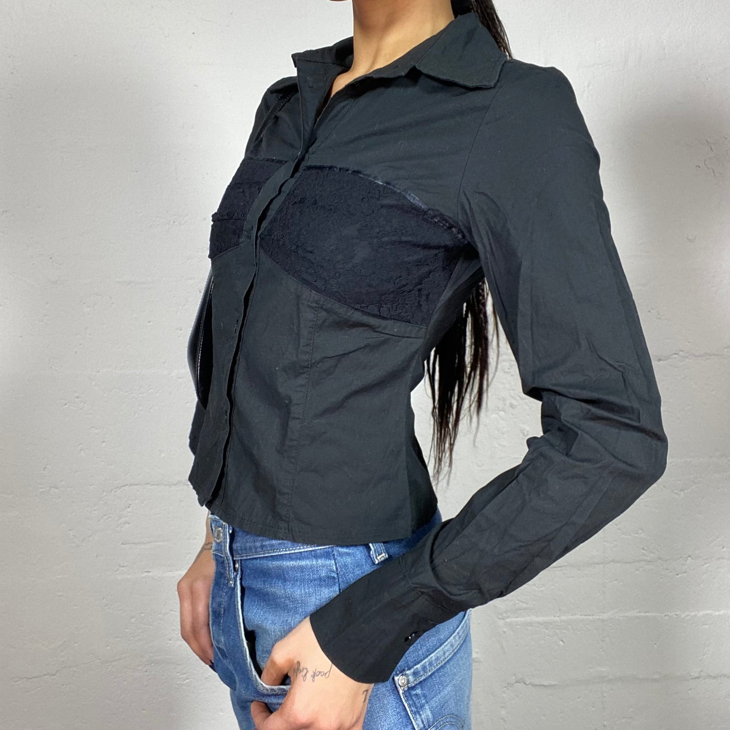 Vintage 2000's Vampy Black Button Up Shirt with Laced Chest Detail (S)