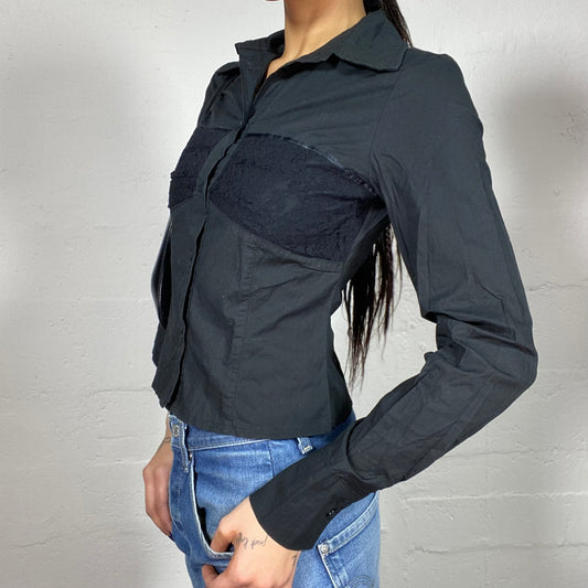 Vintage 2000's Vampy Black Button Up Shirt with Laced Chest Detail (S)