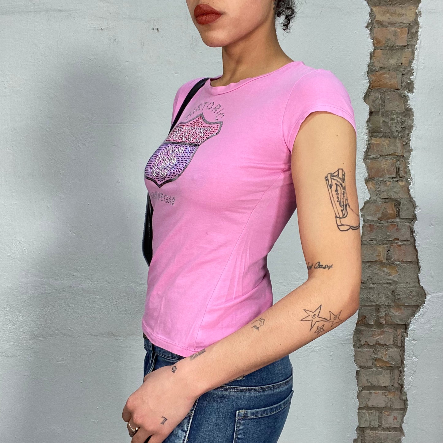 Vintage 2000's Downtown Girl Pink Shirt with Rhinestone 'Route 66' Print (S)