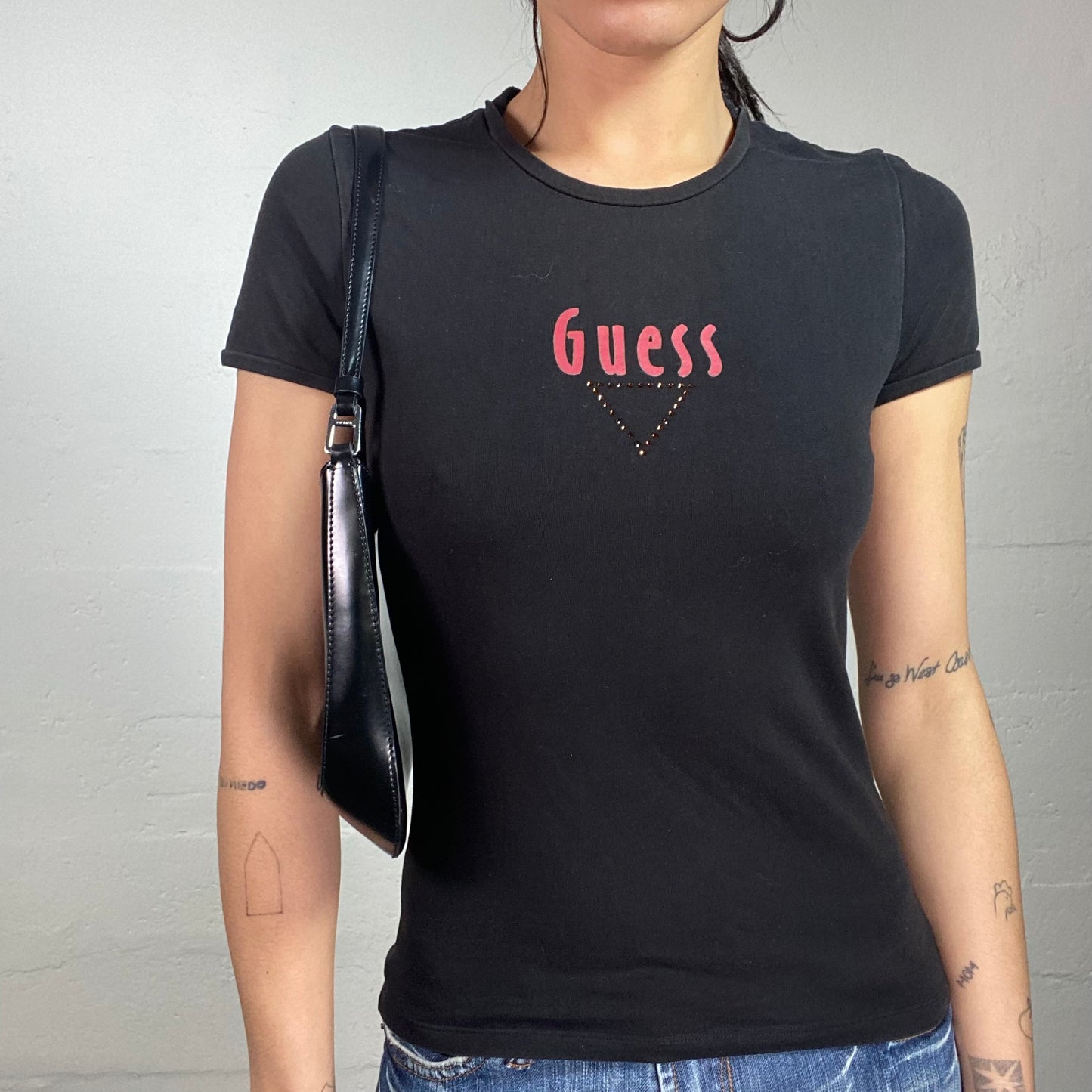Vintage 2000's Guess Downtown Girl Black Top with Red Brand Print Detail (S/M)