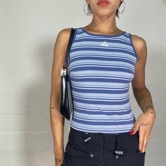 Vintage 90's Adidas Sporty Highneck Blue Top with Stripes Print (S)