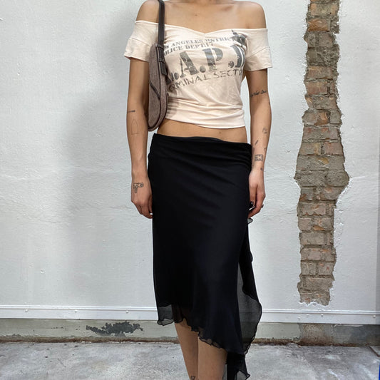 Vintage 90's Summer Black Mesh Double Layered Asymmetric Skirt (S)