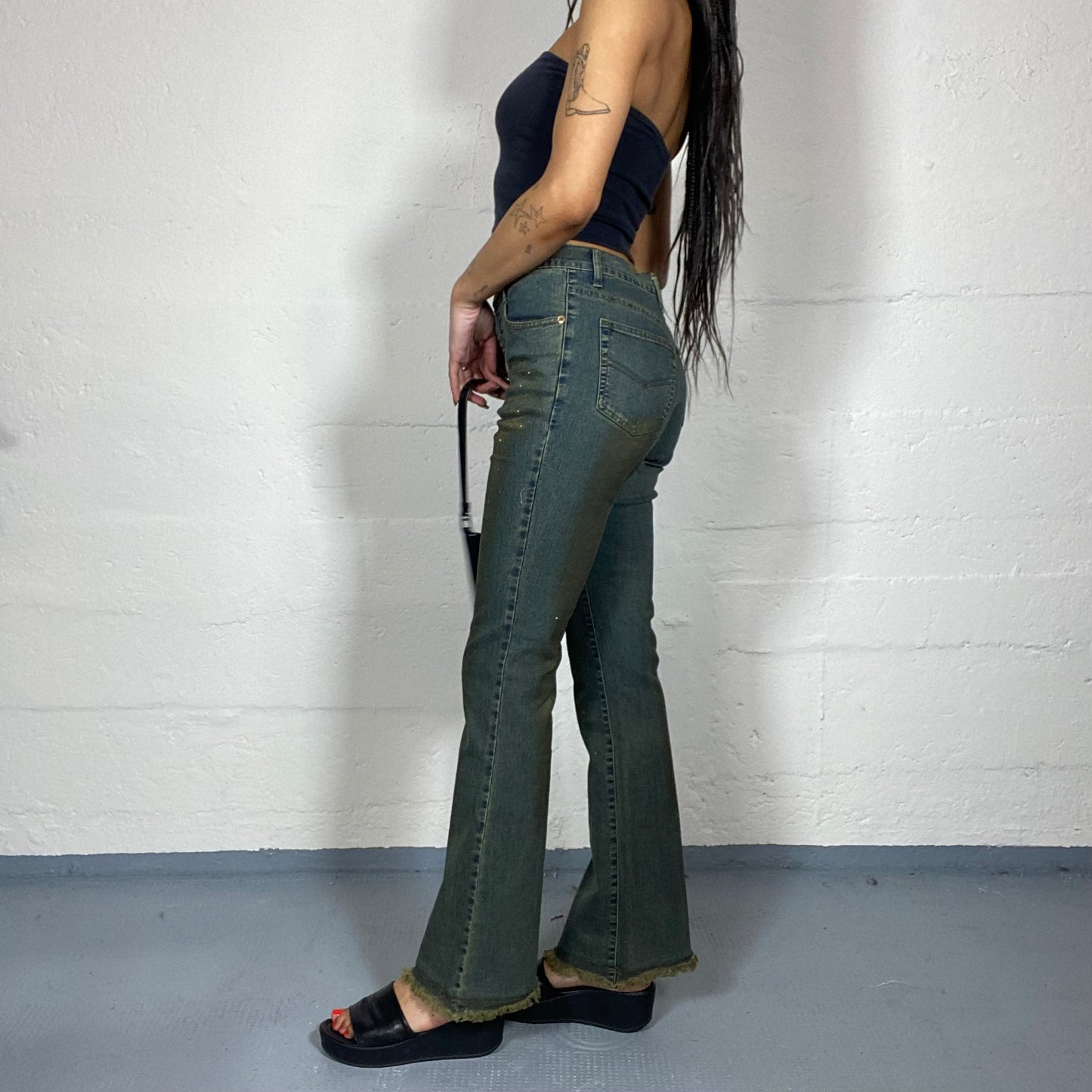 Vintage 2000's Spice Girls Dark High Waist Pants with Golden Ombré Glitter Detail (S)