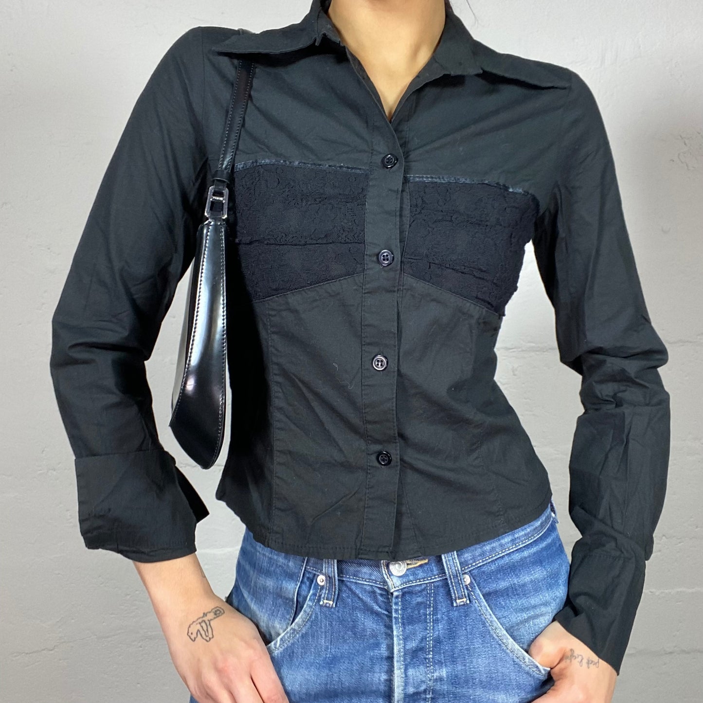 Vintage 2000's Vampy Black Button Up Shirt with Laced Chest Detail (S)