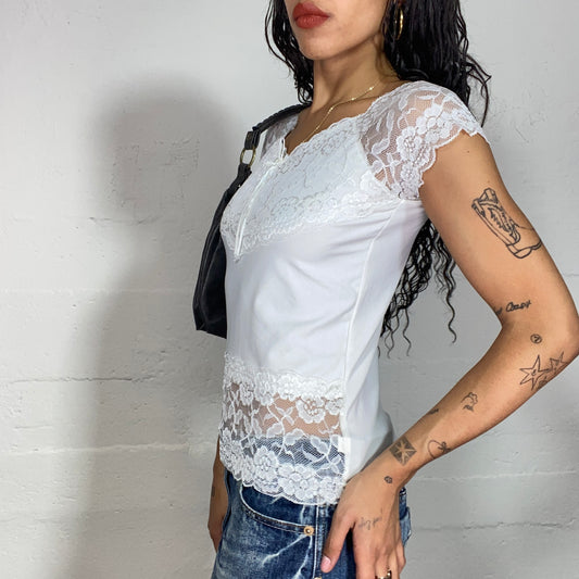 Vintage 2000's Coquette Top with Lace and Ribbon Detail (M)