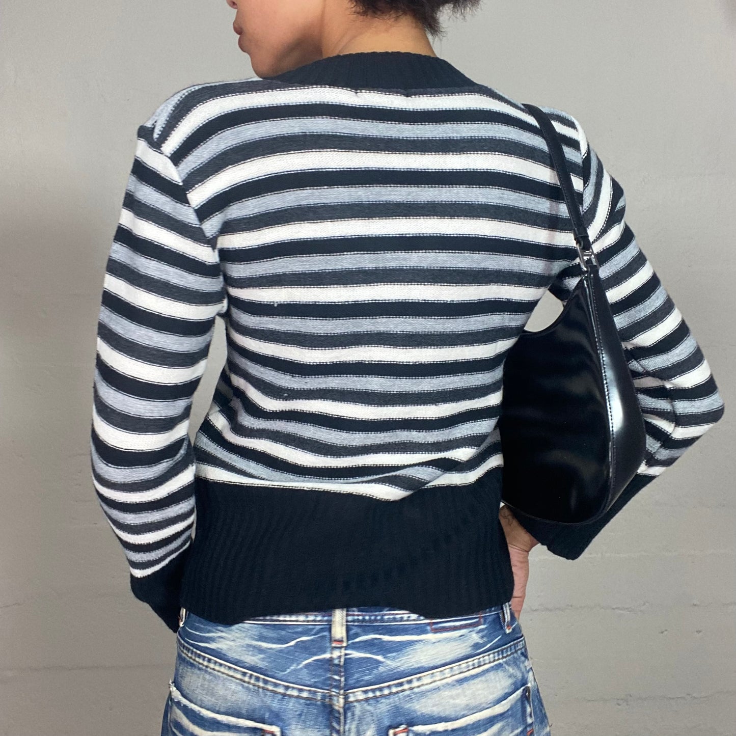 Vintage 90's Rachel Green Grey and Black Sweater with Stripes and Buckle Detail (S/M)