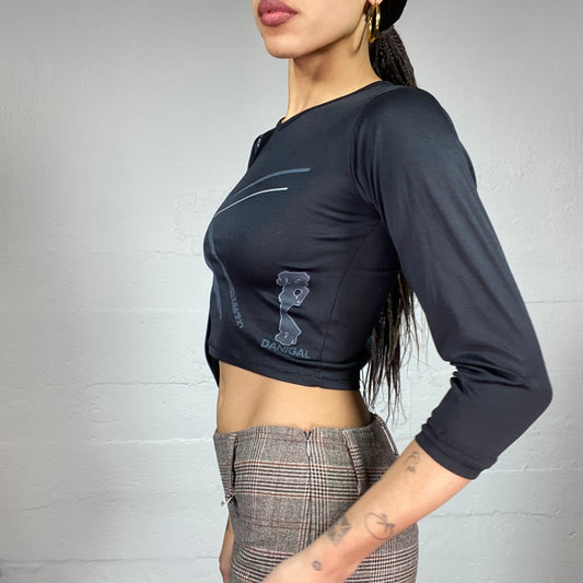 Vintage 2000's Sporty Black Cropped Top with Grey Brush Strokes Print (XS)