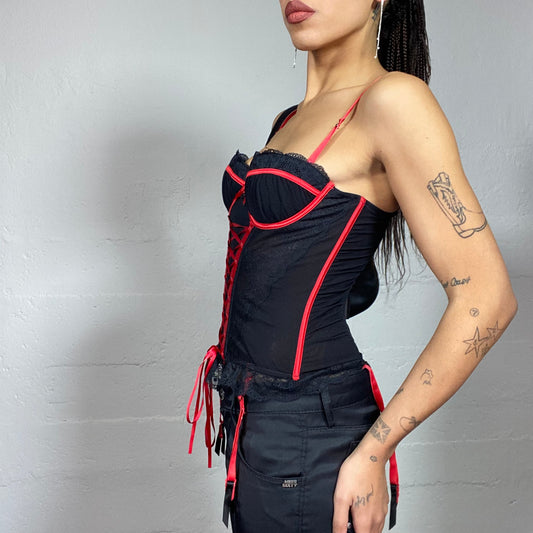 Vintage 90's Whimsigoth Black and Red Corset Top with Decorative Lace Up and Cup Trim Detail (S)