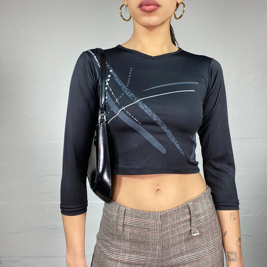 Vintage 2000's Sporty Black Cropped Top with Grey Brush Strokes Print (XS)