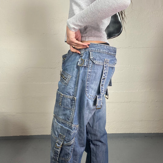 Vintage 90s Rave Girl Denim Cargo Oversize Pants with Big Pockets and Zips Detail (L)