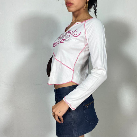 Vintage 90's Downtown Girl White Longsleeve Top with Pink Print and Split Crew Neck (M)