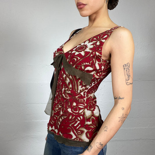 Vintage 2000's Sade Girl Beige Top with Garnet Floral Print (S)