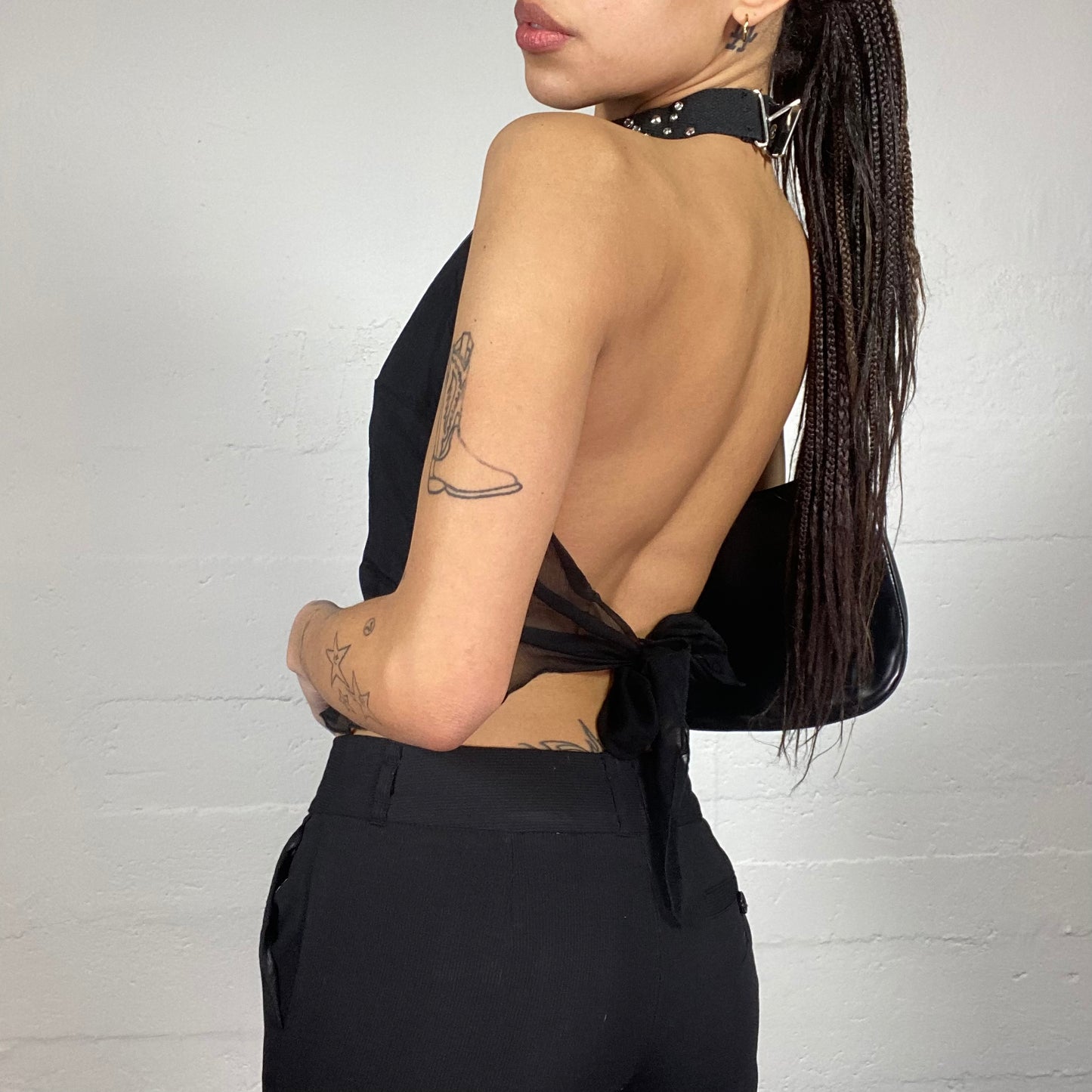 Vintage 2000's Clubwear Black Rhinestones Highneck Top with Open Back Detail (S/M)