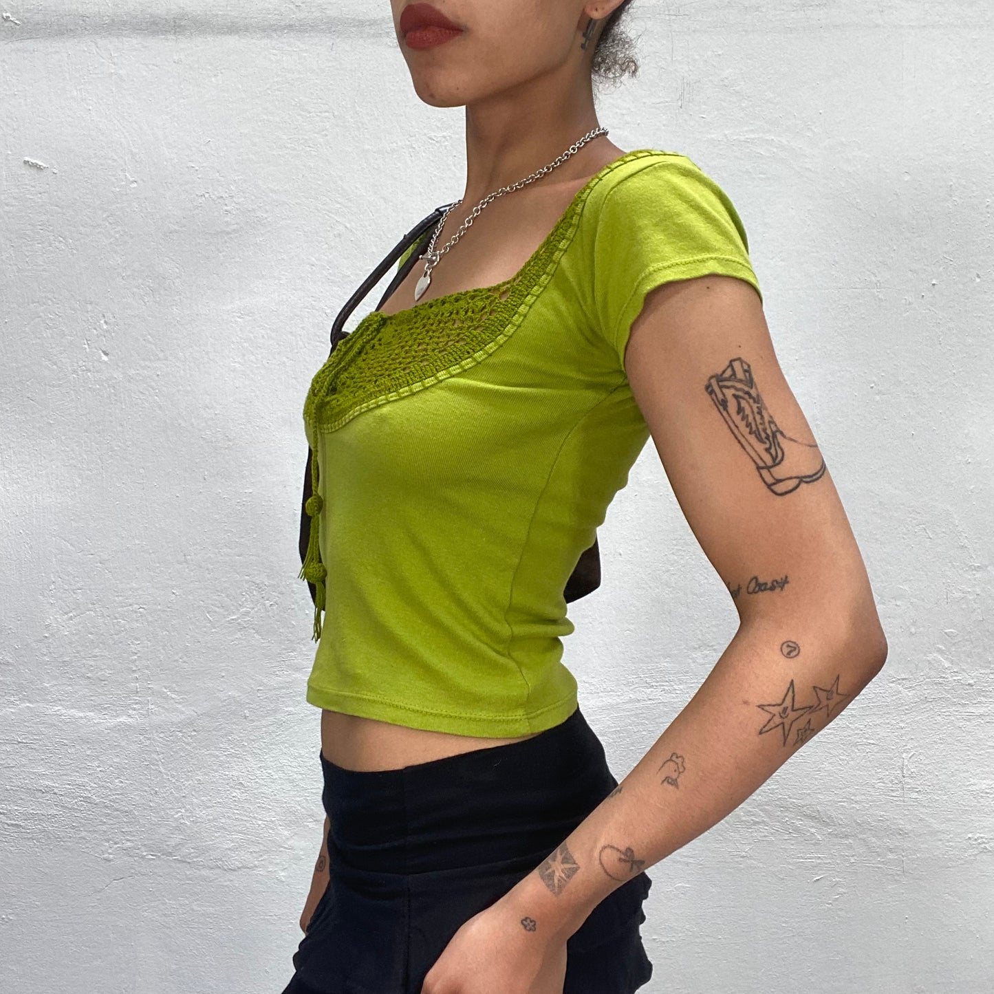 Vintage 90's Boho Girl Pistachio Green Top with Crochete Detail in the Front and Back (S)