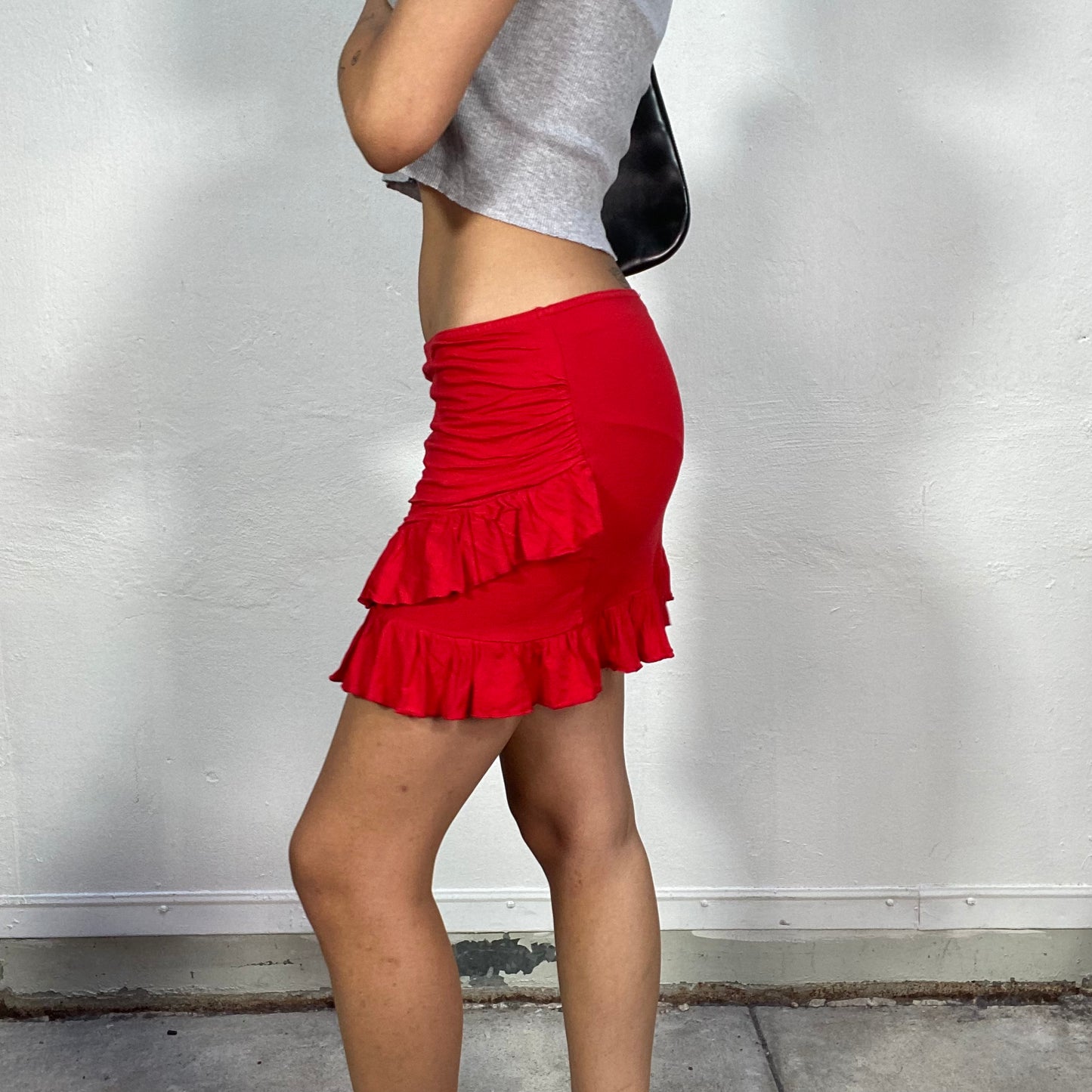 Vintage 2000's Downtown Girl Red Layered Mini Skirt with Frill Detail (S/M)