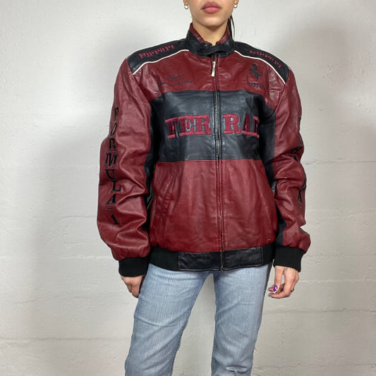 Vintage 2000's Ferrari Downtown Girl Cherry Red Short Leather Biker Jacket with Oversized Fit (L)