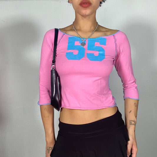 Vintage 2000's Skater Pink Midii Sleeve Top with Blue Stitching and '55' Print (S)